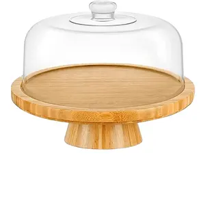 Cake Stand Rotating With Dome Cake Decorating Turntable Display Stand Rustic Acacia Wood Cookie Pastry Stand With Lid