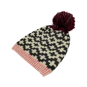 Custom Skully Little Girls Private Label Toddler Hat with Pom Pom Kids Lamb Wool Jacquard Customize Mommy And Me Beanie