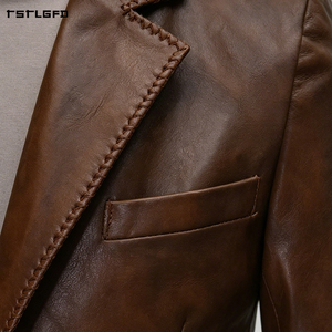 Men Leather Suit <b>Set</b> <b>Blazer</b> Trouser Braided Whipstitch Lapel Trim Notch Lapel Single Button Slim Fit Luxury Formal <b>Set</b> - Product Image 5