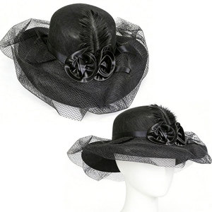 Sombrero Fascinador Vintage con Malla, Sombrero Fedora de Ala Ancha con Velo de Malla, Rosa de Satén y Pluma para Boda o Fiesta de Té - Product Image 1