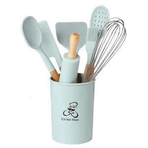 online Top Seller Products Wholesale Kitchen Accessories Kitchen Cookware Wooden Handle Silicone Cooking Tools utensils 8pcs Set