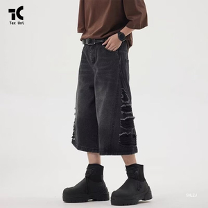 กางเกงยีนส์ขาสั้นทรงตรงสไตล์สตรีทแวร์สำหรับฤดูร้อน แบบสั่งทำพิเศษ ทรงหลวม ขาดๆ แบบดิสเทรส สีเข้มฟอกคริสตัล ผ้าเดนิมคอตตอนระดับกลาง สำหรับผู้ชาย แฟชั่นวินเทจ - Product Image 4