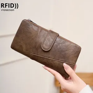 Portefeuille long en cuir PU pour femmes, portefeuilles vintage pour chèques avec blocage RFID, <span class=keywords><strong>porte</strong></span>-cartes - Product Image 3