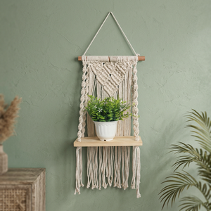 Bohemian <b>Rectangle</b> Macrame <b>Plant</b> Hanger Wall Shelf Natural Cotton Rope Wooden Hanging Planter Stand Living Room Home Decor - Product Image 2