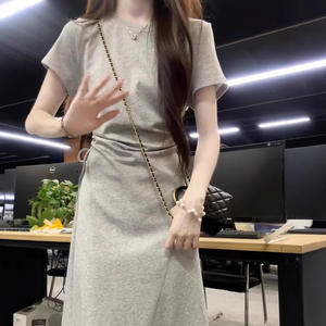 Robe longue trapèze grise à col rond avec ceinture à nouer, respirante, décontractée, pour femme - Product Image 3