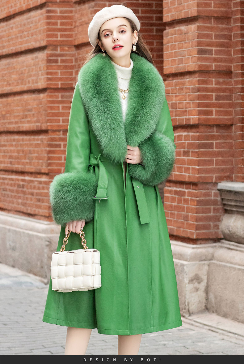 New Trend long style women's long leather coat fox fur collar leather coat leathers coats for ladies