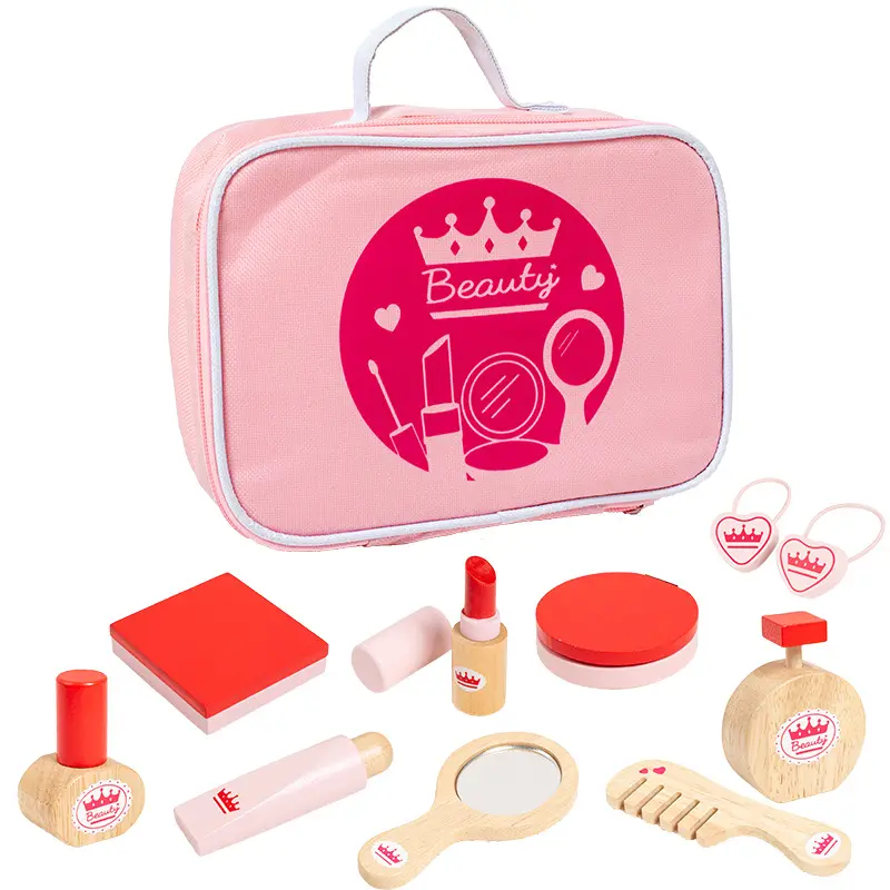 Doe Alsof Schoonheidsspeeltjes Met Roze Tas Set Rollenspel Houten Make-Up Set