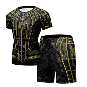 Vente en gros de compression <span class=keywords><strong>Spiderman</strong></span> Rash Guard à manches courtes BJJ Jiu Jitsu Gym T Shirt MMA Boxing Shorts Set pour hommes Logo personnalisé - Product Image 3