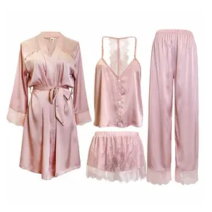 wholesale custom pink sexy long mulberry silk satin robe grow and pajamas set for women in bulk