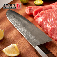 Santoku ambré 7 pouces fait à la main lame forgée Damas Vg10 Santoku Couteau de chef en acier japonais avec manche en bois