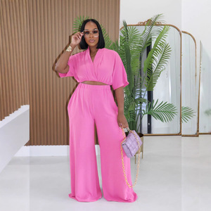 PASUXI Fashionable Custom <strong>Lounge</strong> Wear Sets <strong>Women</strong> Elastic Casual Female Pure Color Skinny Short Sleeve Cropped Top Wide-leg <strong>Pants</strong> - Product Image 4
