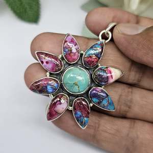 Colgante de plata turquesa de ostra natural, colgante bohemio hecho a mano de declaración de Plata de Ley 925 - Product Image 4