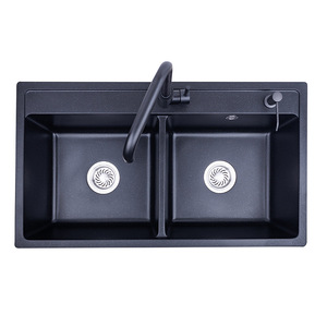 Évier de cuisine Ying Shi en granit noir nacré, double vasque à encastrer, finition mate moderne, bac à légumes SYS8649C - Product Image 1