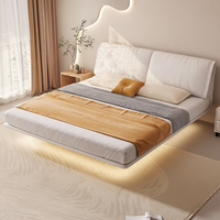 Lit suspendu en cuir de style crème minimaliste italien, avec éclairage à capteur, lit double rembourré pour chambre principale moderne