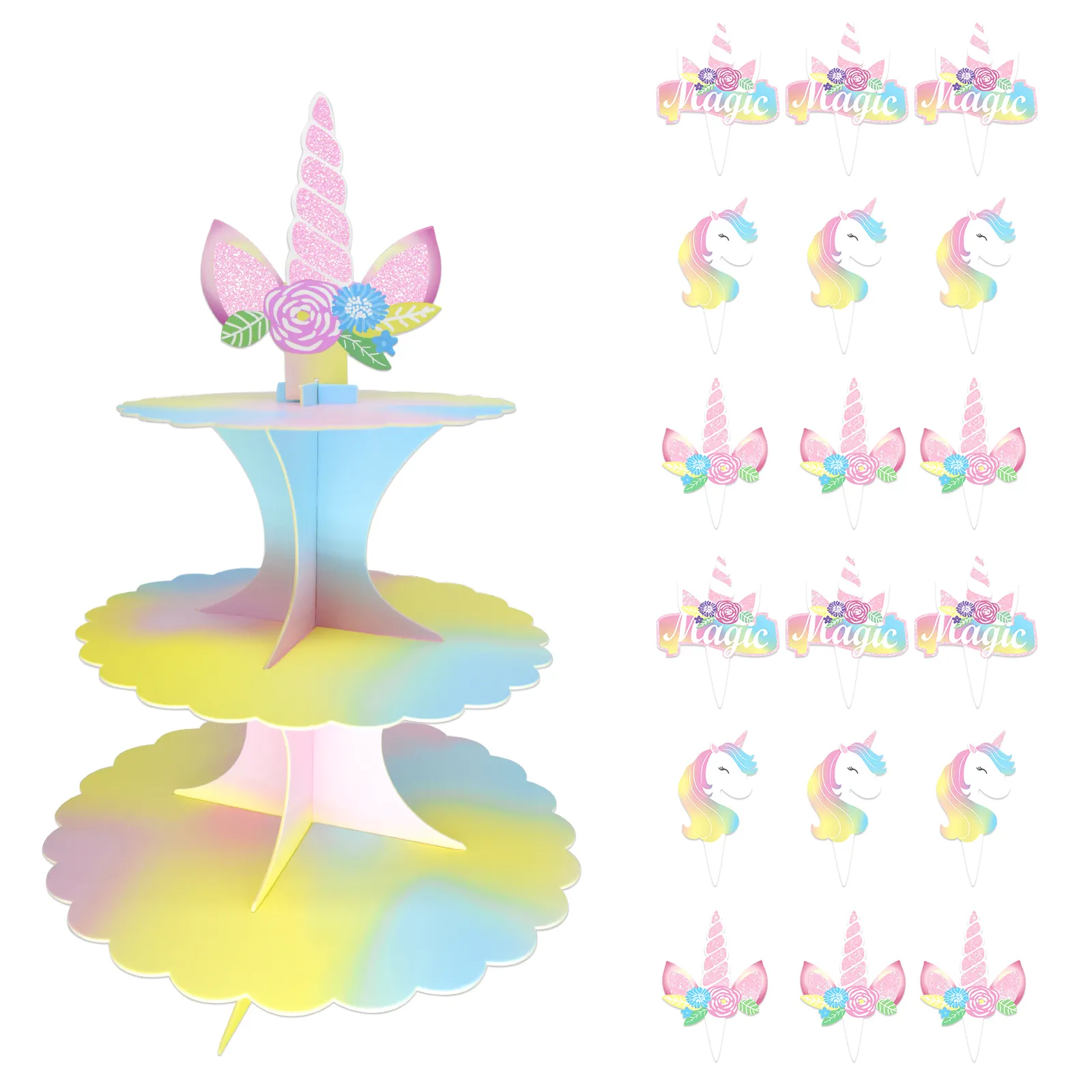 Soporte de pastel de papel de 3 niveles para fiesta de cumpleaños de niños, suministros para Baby Shower, decoración de magdalenas, unicornio rosa