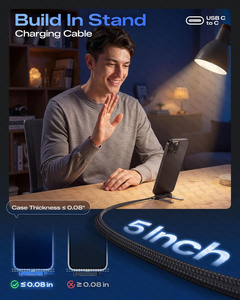 Cable USB C a USB C 2 en 1, 240W, Carga Rápida, Soporte para Teléfono Integrado, Cable Trenzado Tipo C de 1.5 Metros con Conector en T de 90 Grados - Product Image 6