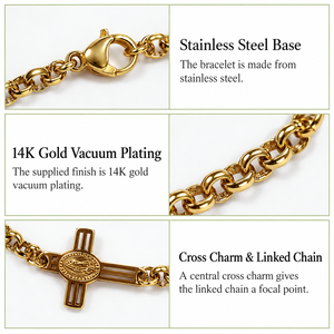 <b>Cross</b> Charm Chain <b>Bracelet</b>, Stainless Steel, Gold and <b>Silver</b> Color Options, Gold Variant 14K Gold Vacuum Plated - Product Image 4