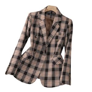 Traje de Lana de 2 Piezas para Mujer, Elegante y Sencillo, <span class=keywords><strong>Blazer</strong></span> a <span class=keywords><strong>Cuadros</strong></span> Marrón y Azul Marino con Falda de Cintura Alta y Decoración de Botones, Formal e Informal - Product Image 1