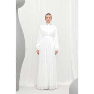 ชุดราตรีผ้าชีฟองหรูหรา คอสูง เอวทรงเอ ทรงเอไลน์ ชั้นโปร่ง สีกรมท่า 17001ELB - Product Image 3