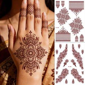 Adesivi per Tatuaggi Temporanei Non Tossici, Impermeabili, con Motivi Floreali Paisley <span class=keywords><strong>Vintage</strong></span>, Stile Bohemien, Colore Rosso-Marrone, per Arte su Viso e Corpo da Sposa e Mehndi - Product Image 3