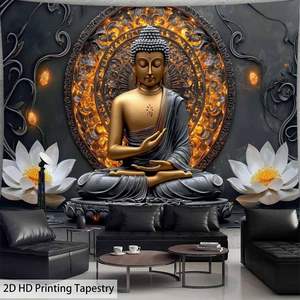 Tapisserie d'art zen psychédélique de méditation du Bouddha blanc avec fleurs, décoration d'Halloween, statue bouddhiste, décoration murale - Product Image 5
