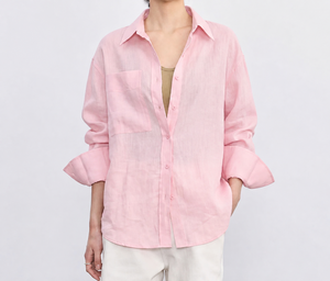 Camicia OEM da <span class=keywords><strong>Donna</strong></span> Primavera/Autunno <span class=keywords><strong>in</strong></span> <span class=keywords><strong>Lino</strong></span> Tinta Unita Traspirante Casual Vestibilità Ampia Vintage a Maniche Lunghe con Colletto Rovesciato - Product Image 1