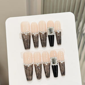 Lot de 10 faux <span class=keywords><strong>ongles</strong></span> longs faits à la main avec adhésifs, design dentelle noir tendance et élégant pour les doigts - Product Image 6