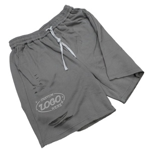 Shorts Bermuda déchirés gris pour hommes avec cordon de serrage, logo personnalisé sur le devant, en coton décontracté, taille mi-haute, respirants - Product Image 6