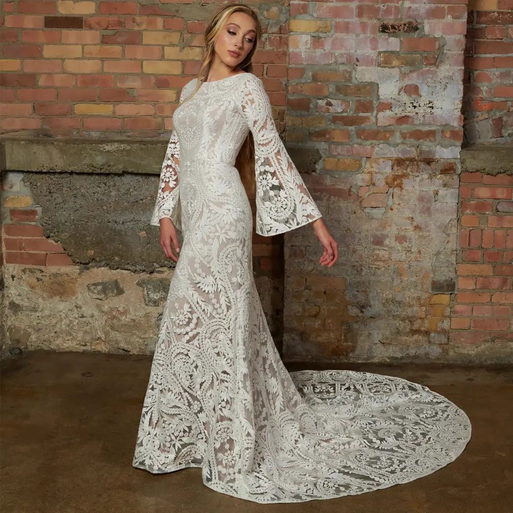 classic Bateau neckline custom wedding dresses romantic sheath wholesale price beaded lace fabric wedding dress cathedral train