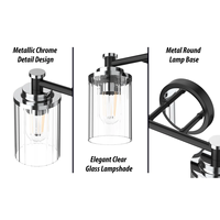 Éclairage de salle de bain moderne chromé à 3 lumières, verre cylindrique nervuré clair, argent, LED, lampes de courtoisie à intensité variable avec base E26 OEM