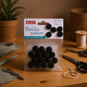 Pompon Ilan Bolita 1 cm en coton noir, fournitures pour travaux manuels au crochet - Product Image 2