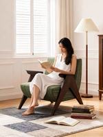 Fauteuil simple Sakora de style vintage français du milieu du siècle, avec accoudoirs en bois massif, fauteuil de détente pour salon, balcon, fabriqué en Chine