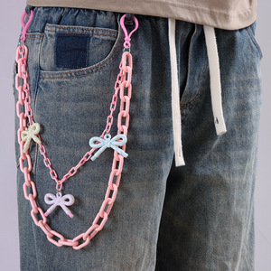 Cadena de cintura Yueli Dopamine Butterfly para mujer, lazo acrílico rosa, estilo hip hop, para salir de noche, cadena corporal de moda con doble anillo. - Product Image 2