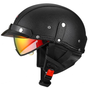 Casco de Motocicleta de Media Cara, Cuero PU Negro, Visera Desmontable, Unisex, para Adultos, Deportivo y Protector - Product Image 1