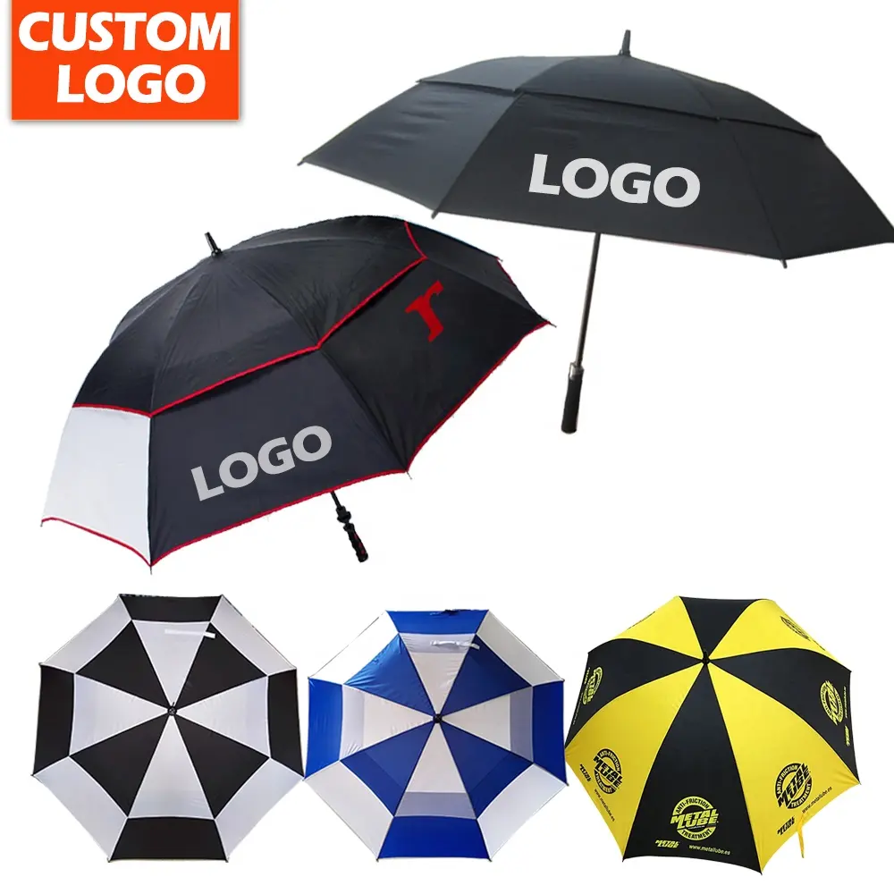 Comprar china fabricante dupla canopy ventilado alça reta do golfe guarda-chuva