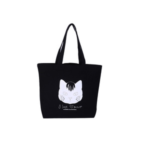 Custom Canvas Tote Bag Black Cartoon Kitten Print Medium Size Shopping Bag - Product Image 1