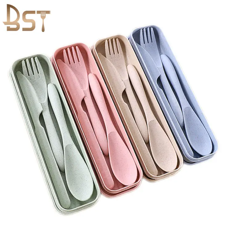 Portable Cutlery Plastic Utensils Set Baby Kids Dinner Biodegradable Colored Wheat Straw With Case