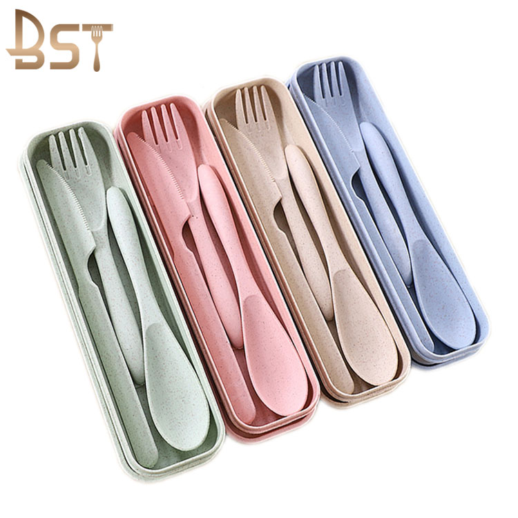 Портативный набор столовых приборов, пластиковая посуда, детский Обеденный набор, биоразлагаемая цветная Пшеничная солома с футляром