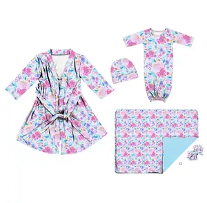 Fabricage Custom Print Baby En Moeder Bijpassende Ingebakerd Kleding Set Met Boog Hoofdband/Deken/Lange Mouwen Romper/pyjama/Hoed