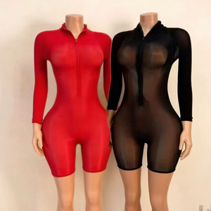 PEEQI Ingrosso 2026 Primavera Estate Tute da Donna alla Moda in Rete Trasparente Scavata a Tinta Unita, Tutina Intera per Donna - Product Image 1