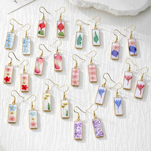 Boho Botanical Dried Flower <b>Earrings</b> Handmade Epoxy Resin Rectangle Frame Floral Drop <b>Hook</b> <b>Earrings</b> Ladies Nature Jewelry Gift - Product Image 1