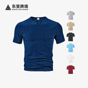 เสื้อยืดคอกว้างแขนสั้นผู้ชาย ลายตารางสีน้ำเงิน ผ้าโพลีเอสเตอร์ระบายอากาศดี สวมใส่สบายๆ แฟชั่นฤดูร้อน - Product Image 2