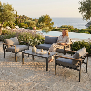 Moderno Conjunto <span class=keywords><strong>de</strong></span> Sofá <span class=keywords><strong>de</strong></span> Exterior <span class=keywords><strong>de</strong></span> 4 Piezas con Estructura <span class=keywords><strong>de</strong></span> Acero y Mesa con Tapa <span class=keywords><strong>de</strong></span> Vidrio, Muebles <span class=keywords><strong>de</strong></span> Jardín <span class=keywords><strong>para</strong></span> 4 Personas, Tela <span class=keywords><strong>de</strong></span> 200g, Cojín <span class=keywords><strong>de</strong></span> 8cm <span class=keywords><strong>de</strong></span> Grosor - Product Image 2