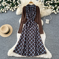 Ensemble 2 pièces à carreaux style preppy pour femme, cardigan élégant d'automne avec robe midi sans manches à volants taille haute et coupe trapèze