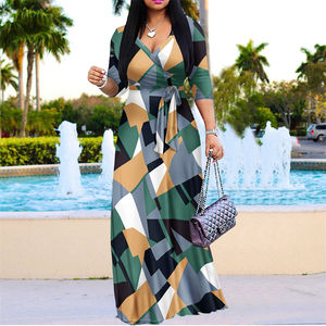 2024 automne nouveauté grande taille vêtements pour femmes imprimé col en v décontracté longue robe élégante à manches longues Maxi robe dames - Product Image 2