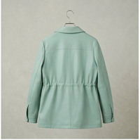 Veste en peau de mouton lisse vert menthe pour femme, col chemise, cordon de serrage à la taille, mi-longue, décontractée, manteau en cuir pour l'extérieur