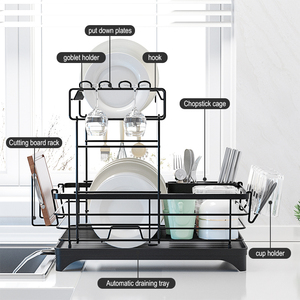 Égouttoir à vaisselle à <span class=keywords><strong>double</strong></span> niveau en acier noir, support de rangement pour armoire de cuisine, présentoir et organisateur pour vaisselle et bols - Product Image 2