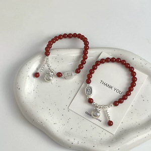 Bracelet porte-bonheur en argent pur et agate rouge pour femmes, bijoux en corde élastique de style chinois, à porter au quotidien - Product Image 5