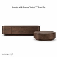 Meuble TV en panneau E1 18 mm, finition Noyer Japandi, bords arrondis, console multimédia minimaliste pour salon d'appartement moderne, sur mesure