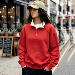 <b>Women's</b> Red Drop Shoulder Quarter Zip Sweatshirt Casual <b>Long</b> <b>Sleeve</b> Turn Down Collar <b>Top</b> - Product Image 1